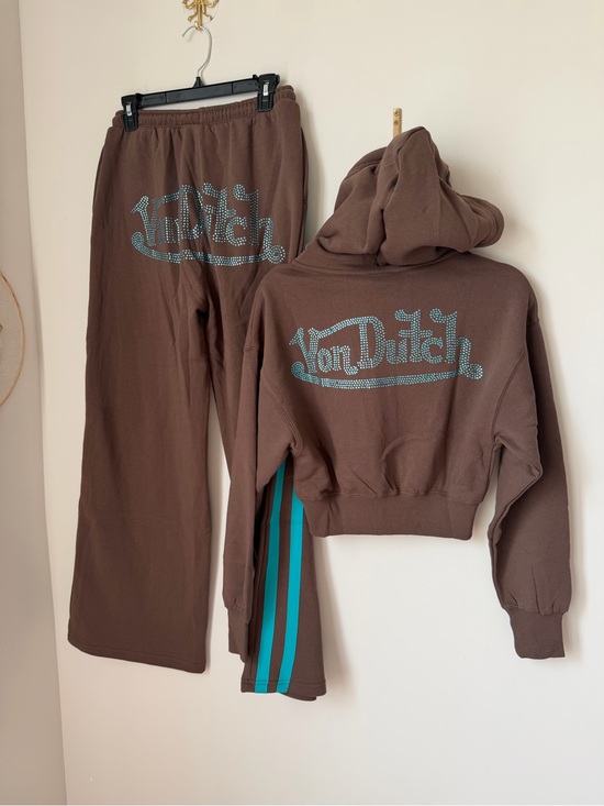 Von Dutch Tops - Von Dutch Brown teal rhinestone Hoodie and wide leg sweatpants set
